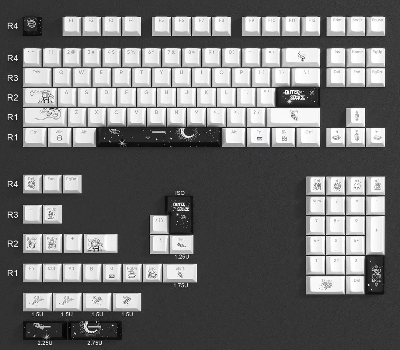 Backlit Black and White Astronaut keycap Set