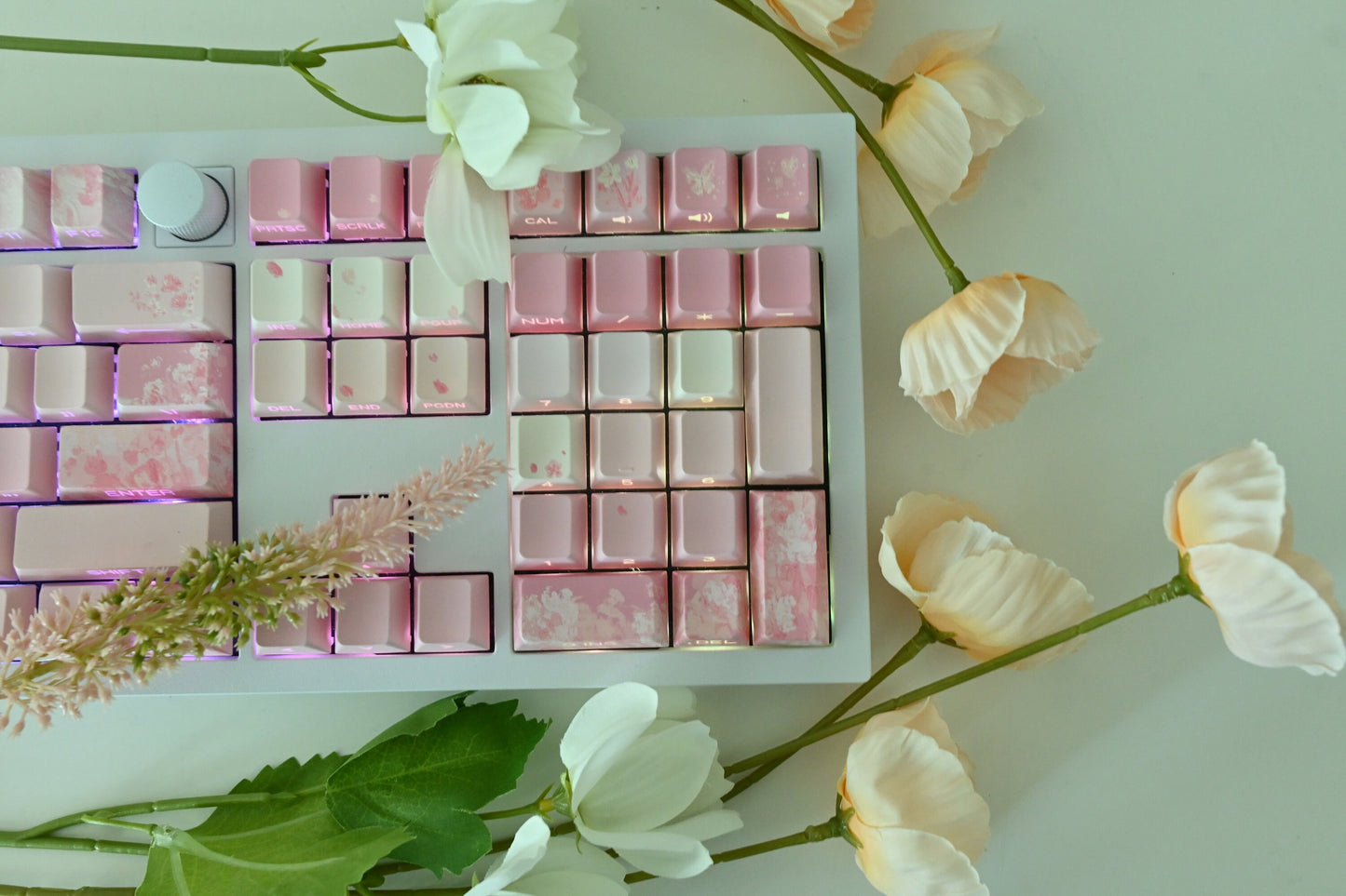 Pink Sakura Cherry Blossom Backlit Side Print Keycap Set